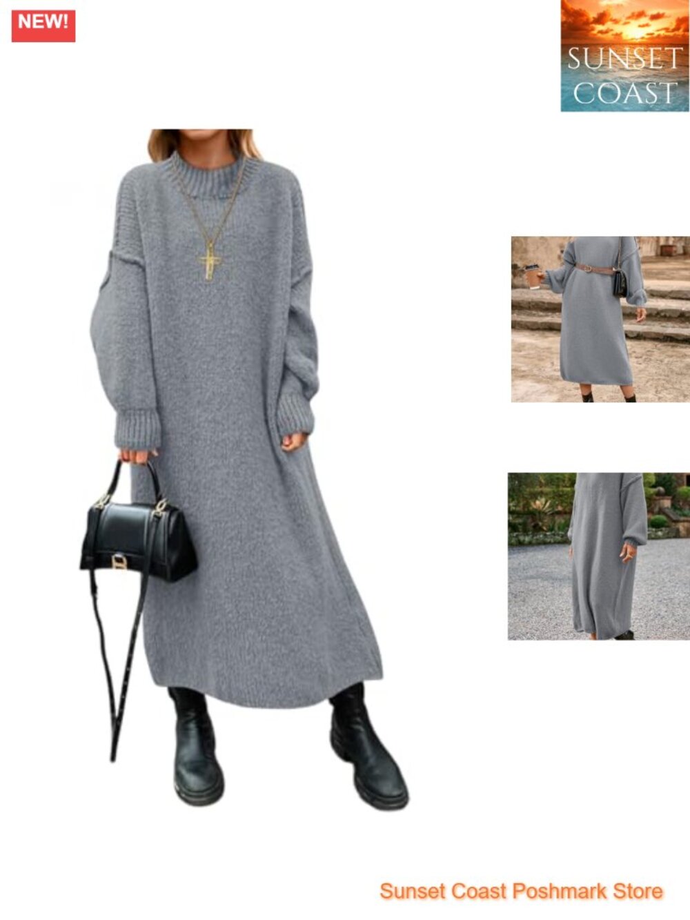 Oversized Chunky Knit Sweater Dress Mock Neck Long Sleeve Maxi Fall Winter